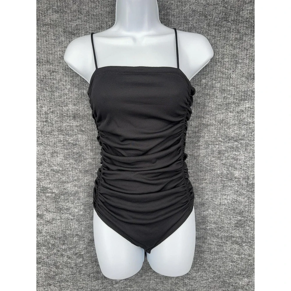 Intimately Free People Bodysuit Womens Small Black One Piece Ruched Ribbed Tank